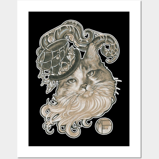 Kitty in a Tentacle Top Hat - White Outlined Version Wall Art by Nat Ewert Art